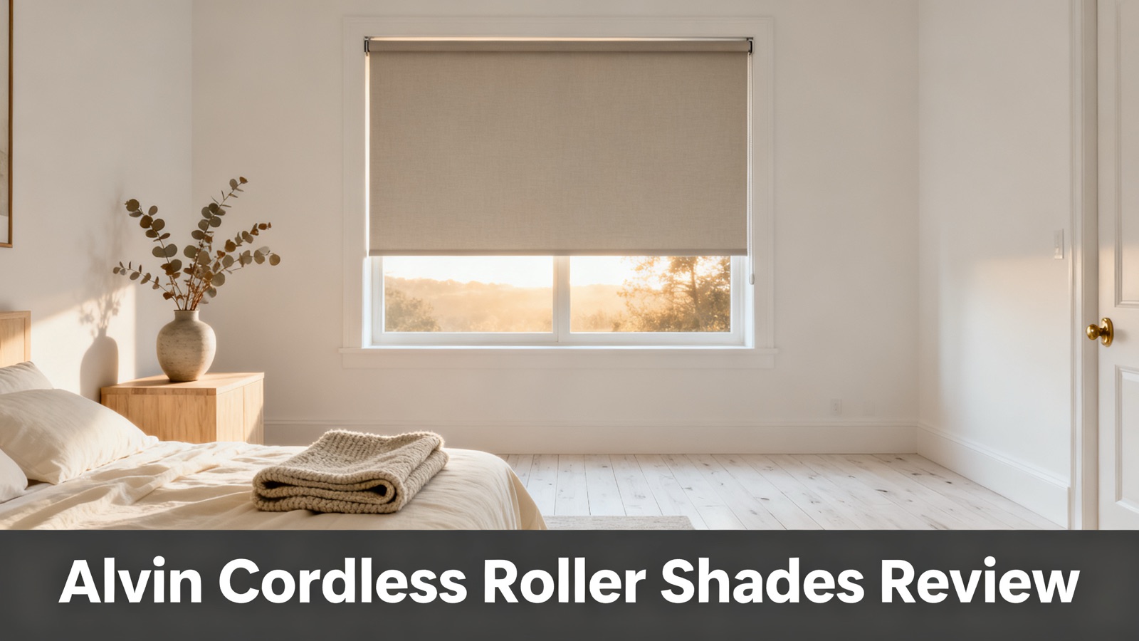 Greige cordless roller shade lowered on a window